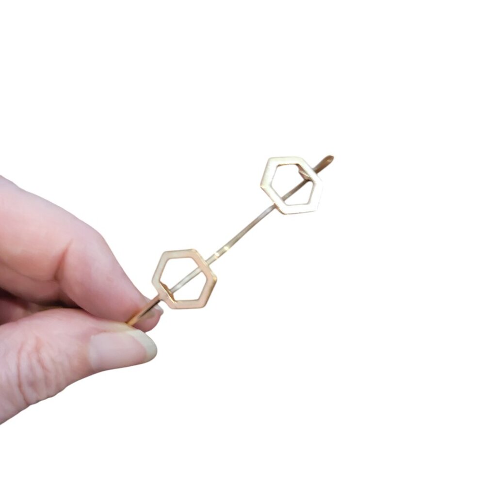 Open Cuff Gold Tone Metal Bracelet w Hexagonal Bookend